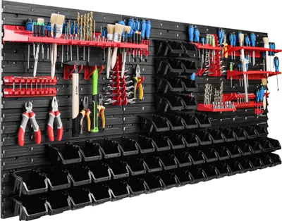 Produktbild von Lagersystem Werkstattregal | 172 x 78 cm | 60 stck. Box | Wandregal mit Werkzeughalterungen und Stapelboxen - Wandplatten Extra Starke Schüttenregal Warkzeuglochwand Lagerregal Garage Regal