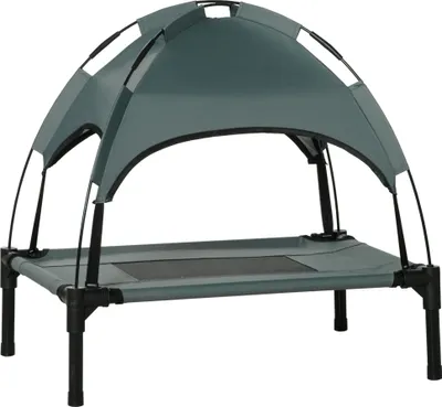 Produktbild von PawHut Erhöhtes Hundebett mit Baldachin, Haustierbett, Hundeliege outdoor mit Dach, Atmungsaktiv, Taftstoff für Camping Grau 61 x 46 x 62 cm