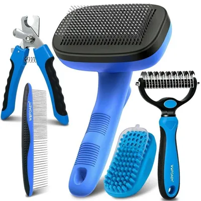 Image de Kit de toilettage complet pour chiens et chats, comprenant 5 pièces, autonettoyant, de couleur bleue