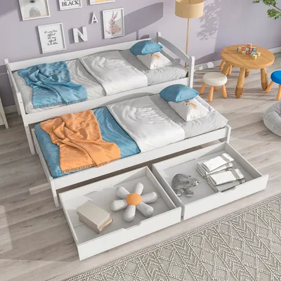 Produktbild von okwish Tagesbett Massivholz Ausziehbett 90x200cm/90x190 mit 2 MDF-Schubladen und Lattenroat,Schiebebett mit Rollen unten, weiß- Ohne Matratze
