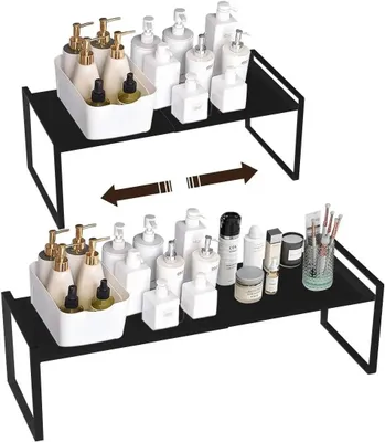 Immagine prodotto di Organizer da cucina - Ripiano estraibile per armadio - Espandibile - Dimensioni regolabili 36–60×21×18 cm - Acciaio - Per piano di lavoro e dispensa - Nero