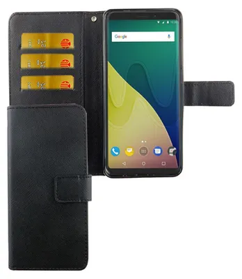 A black flip case for a smartphone, with three credit cards inserted into slots on the inside of the cover.