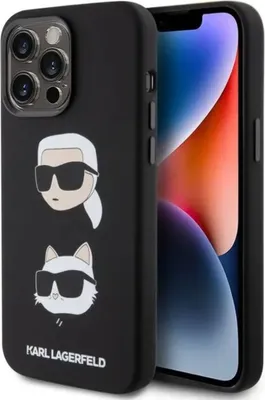 A black iPhone case with Karl Lagerfeld and Choupette illustrations is shown next to an iPhone.