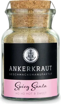 A glass jar of spice with a cork lid, featuring a black label with branding and product name.