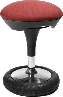 A red and black office stool with a silver base and a black tire-like rim.