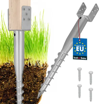 A ground screw post anchor is shown partially installed in soil and grass, with a separate anchor and screws displayed.