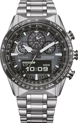 A close-up studio shot of a Citizen Promaster Sky Eco-Drive Pilot men's watch.