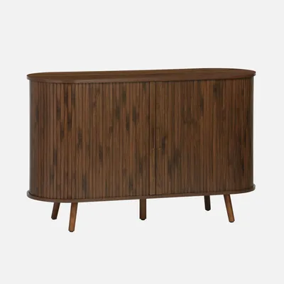 A wooden sideboard with two doors and four legs, presented against a plain background.