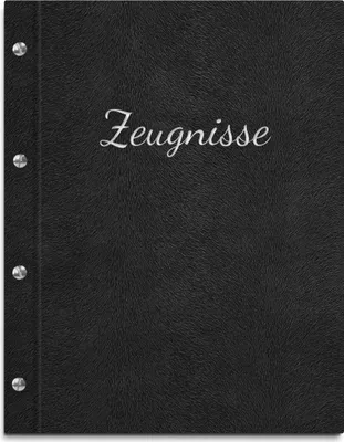 Produktbild von Zeugnismappe im schwarzen Einband in Felloptik mit hochwertiger Beschriftung in silber – handgefertigte Mappe für Zeugnisse inkl. 12 Sichthüllen