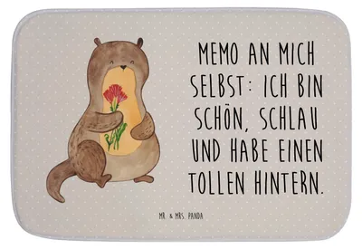 Produktbild von Mr. & Mrs. Panda Badematte Otter Blumenstrauß - Grau Pastell - Geschenk, Badezimmer Matte, Badvorleger, Badteppich, Selbstliebe, duschmatte, Positiv, Süß, Fischotter