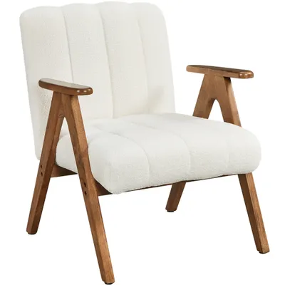 Produktbild von Yaheetech Sessel Loungesessel Polstersessel mit Armlehnen & Holzbeinen, aus Boucle-Gewebe, bis 136 kg belastbar, Weiß