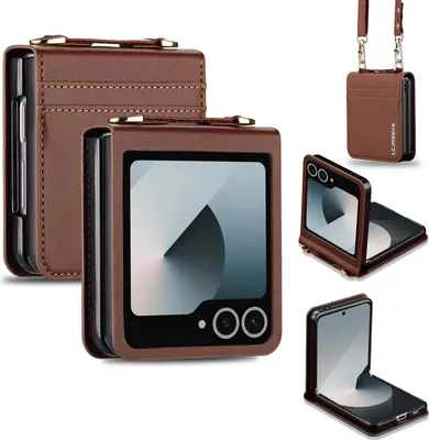Image de Étui en cuir pour Samsung Galaxy Z Flip 7, avec bandoulière et fente pour cartes de crédit Marron