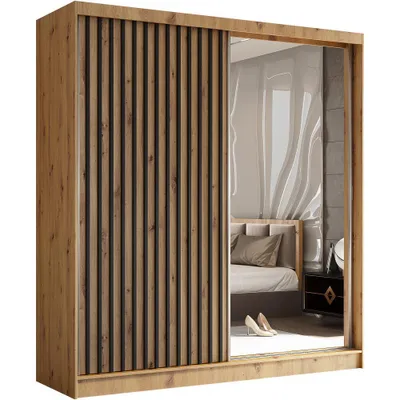 Image de BEAUTYSOFA Armoire à lattes HELIX 200 cm - armoire de style moderne avec portes coulissantes et miroir (Artisan + noir)