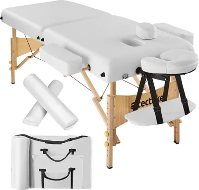Produktbild von Tectake Massageliege Set, 2 Zonen, weiß, 220x59 cm, höhenverstellbar 83-87,5 cm, 7,5 cm Polsterung, aus Kunstleder, Buchenholz, Feinzellenschaumstoff, Vinylbezug, inkl. Kopfstütze, 2 Armlehnen, Armablage, Gesichtspolster, Voll- & Halbrolle, Tragetasche, extrem stabil, hoher Liegekomfort