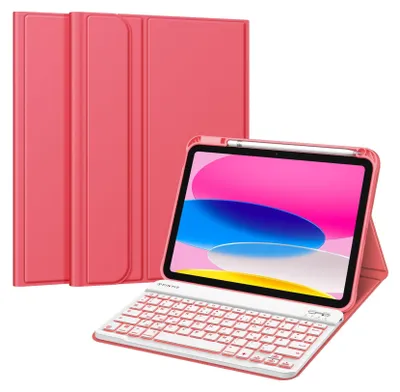 Produktbild von Fintie Hülle mit Tastatur für iPad 11 Generation 2025 11 Zoll, iPad 10 Generation 2022 10.9 Zoll, 7-farbig Beleuchteter Magnetischer Abnehmbarer Keyboard Hülle mit Stifthalter, Pink