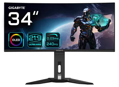 Produktbild von GIGABYTE OLED WQHD Curved Gaming Monitor MO34WQC2 - 34 Zoll, 3440 x 1440, 240Hz, 0,03ms, KVM, 250 cd/m², FreeSync Premium Pro, DisplayHDR True Black 400, HDMI 2.1, Displayport 1.4