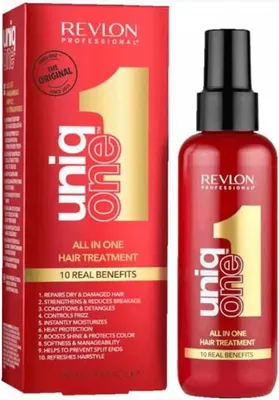 A product box and bottle of Revlon Uniq One All In One Hair Treatment.