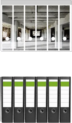 Produktbild von Wallario 6 Stück breite Ordner inkl. Klebeetiketten mit Motive Alte Industriehalle - einsame Lagerhalle einer Brauerei -  Set mit Rückenschildern / Ordnerrücken Stickern