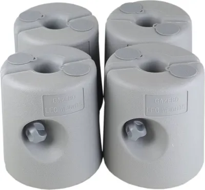Four gray plastic gazebo leg weights are shown against a white background.