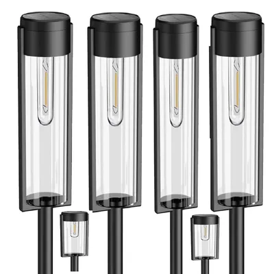 Four solar garden lights are arranged in a row against a white background.