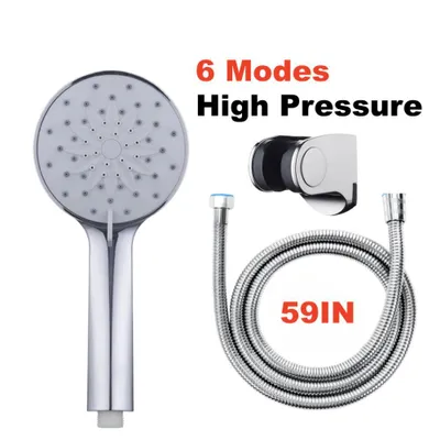 Produktbild von Duschkopf Set mit 1,5 m Edelstahlschlauch, 6 Strahlarten, verstellbare Halterung, Chrom Handbrause mit G1/2 Anschluss