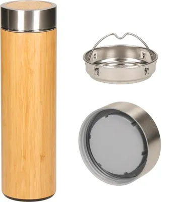 Image de Bouteille de thé avec passoire 'Bamboo' - Bouteille à double paroi en acier inoxydable - Théière avec passoire à thé est anti-fuite - Accessoires de thé pour Noël - Bouteille de thé idéale pour les voyages - Braun