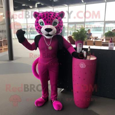 Imagen del producto de Personaje REDBROKOLY de traje de mascota Magenta Jaguar vestido con un vestido de cóctel y maletines