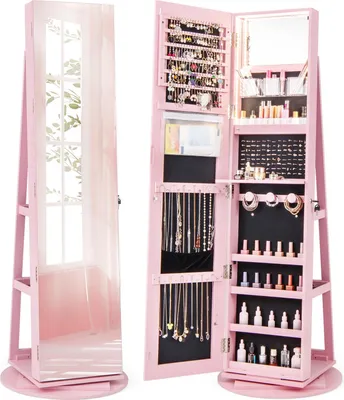 Produktbild von GOPLUS Schmuckschrank mit Ganzkörperspiegel, 360° drehbarer Spiegelschrank mit 3-farbigem LED-Licht, abschließbarer Schmuck Organizer aus Holz (Rosa)