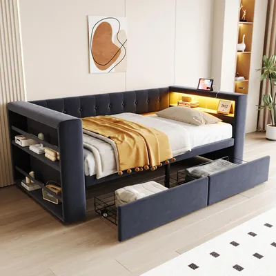 A dark gray upholstered daybed with built-in storage, shelves, and LED lighting is shown in a bedroom setting.