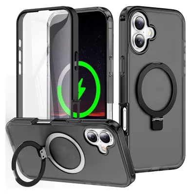 Immagine prodotto di Per Apple iPhone 16 Plus pelle smerigliata sentire MagSafe anello titolare 360 gradi caso nero