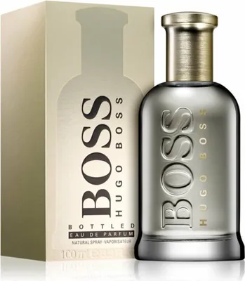 A bottle of Hugo Boss Bottled Eau de Parfum and its packaging are displayed against a white background.