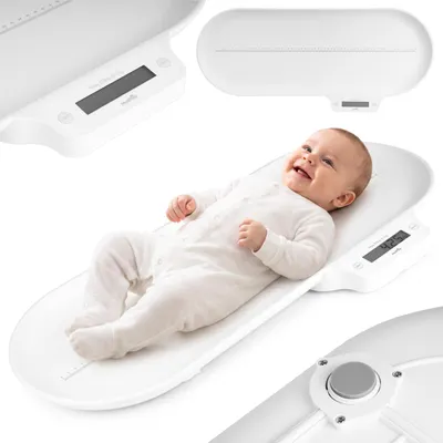 Productafbeelding van Babyweegschaal, dierenweegschaal, digitale kinderweegschaal tot 30 kg, weegschaal voor baby's, geschikt voor pasgeborenen, LCD-display, tarra-functie, lengtemeting tot 60 cm, AI-gegenereerde afbeelding