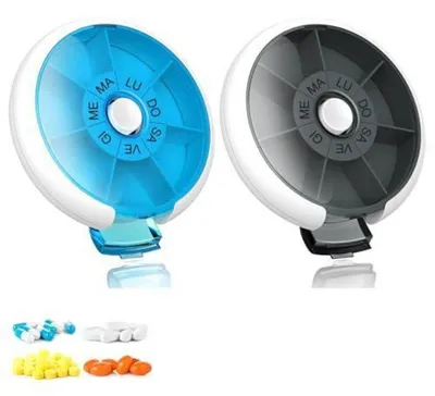 Productafbeelding van Ronde pillendoos voor 7 dagen, blauw en zwart, draagbaar, geschikt voor vitamines en medicijnen
