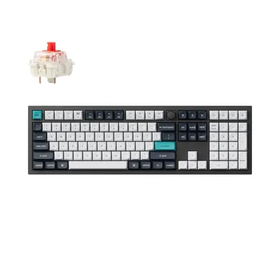 A mechanical keyboard switch and a keyboard are displayed against a white background.