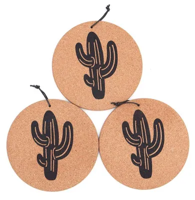 3 Kork-Untersetzer rund, 18,8 cm, hitzebeständig, Cactus