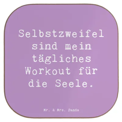 Produktbild von Mr. & Mrs. Panda Tischuntersetzer Spruch Selbstzweifel Workout - Lavendeltraum - Geschenk, Holzuntersetzer, Stimmung, Tassenuntersetzer, innere Stärke, tiefgründig, Seele