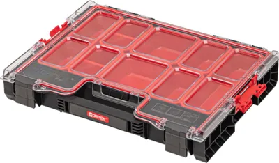 A black and red organizer box with clear lid, shown from a slightly elevated angle.