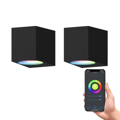 Produktbild von Calex Smart Outdoor LED Wandleuchte, GU10, Downlight, RGB-Farben & kalt- bis warmweiß Licht, dimmbar, wasserdicht, WLAN App- & Sprachsteuerung, Schwarz, 2er Pack