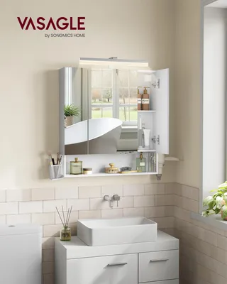 Produktbild von VASAGLE Badezimmerschrank mit 3 Türen, Spiegelschrank, Wandschrank, Steckdosen, Hängekorb, Haartrockner-Halter, viel Stauraum, für Badezimmer
