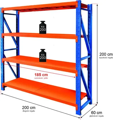 Zdjęcie produktu dla Regał metalowy magazynowy warsztatowy 4-półkowy Mega-M FORTIS LIGHT 200x200x60 cm moduł bazowy 800kg