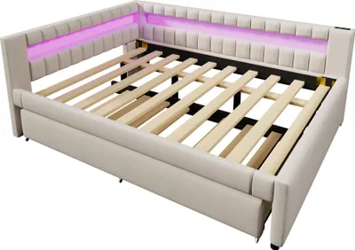 Produktbild von MODFU Schlafsofa 140x200 Kinderbett mit Ausziehbett und Lattenrost, Tagesbett Daybett mit LED-Beleuchtung (App- & Kabelsteuerung),ohne Matratze,Beige