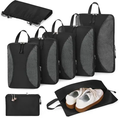 Produktbild von Koffer-Organizer-Set 8-teilig, Kompressionstaschen, Platzsparend, für Reise, schwarz