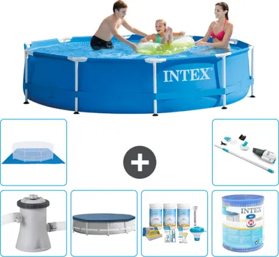 Produktbild von Intex Rundrahmen-Schwimmbecken – 305 x 76 cm – Blau – inklusive Pumpe Abdeckung - Wartungspaket - Filter - Bodenplane - Staubsauger