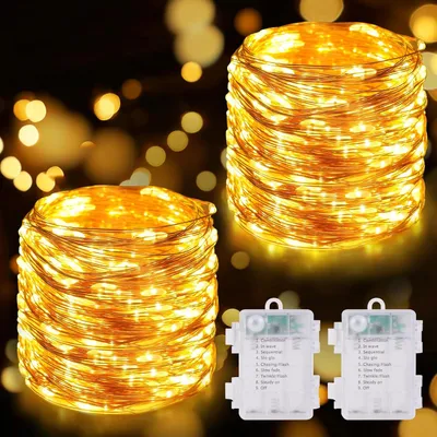 Productafbeelding van Koperen kerstverlichting 10 meter 100 LED - Set van 2 - Warm Wit - 8 Lichtmodi - Batterij (2 stuks) - Kerst
