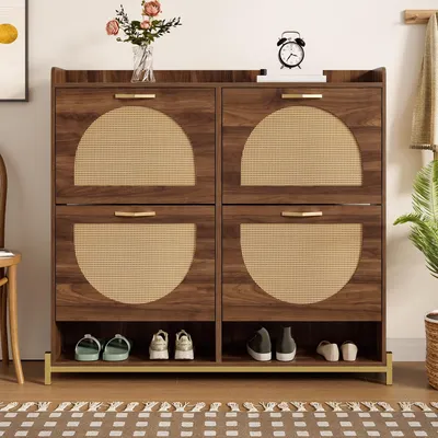 Immagine prodotto di Armadio elegante per scarpe in legno con ante in rattan e 4 ante, scaffale per scarpe con struttura in metallo e ripiano, mobiletto portaoggetti per l'ingresso, noce