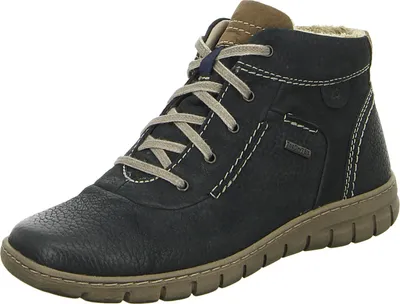 A single navy blue leather boot with tan laces and brown accents, shown against a white background.