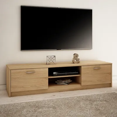 Produktbild von TV-Schrank 160cm breit Lowboard mit matter Oberfläche Fernsehtisch mit 2 Türen und 2 Regalen, aus laminiertem Board sonoma