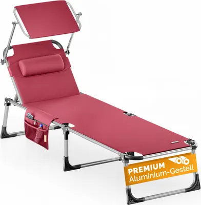 A red foldable sun lounger with a canopy and pillow, shown on a white background.