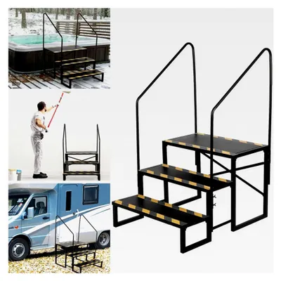 Produktbild von 3-stufige Wohnmobil-Treppe, Wohnmobil-Stufen mit 200 kg Tragkraft für Wohnwagen Camping, mit 2 Handläufen, rutschfester Tritthocker, RV Steps, Reiseanhänger
