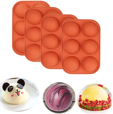 Productafbeelding van Siliconen bakvorm, bolvormig - 6 kuiltjes met antiaanbaklaag - geschikt voor taarten, gelatine, pudding en chocolade - set van 4